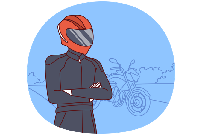 Biker in clothes for professional riding motorcycle and helmet covering face and eyes  Illustration