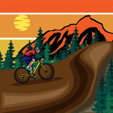 Bike In Mountain Retro Design Landscape イラスト