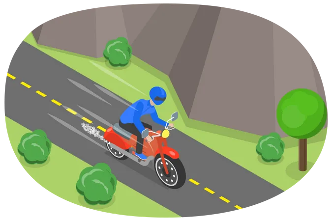 Biker Riding and Road Travel by Bike  Illustration