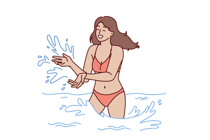 Bikini woman enjoys in aqua park  Illustration