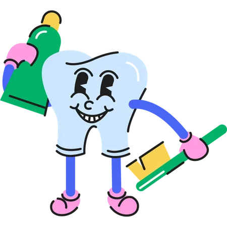 Caractère dentaire tenant du dentifrice dans une main et une brosse à dents dans une autre  Illustration