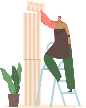 Männlicher Bildhauer baut Marmorblock zu ganzer Säule zusammen, die auf einer Leiter steht  Illustration