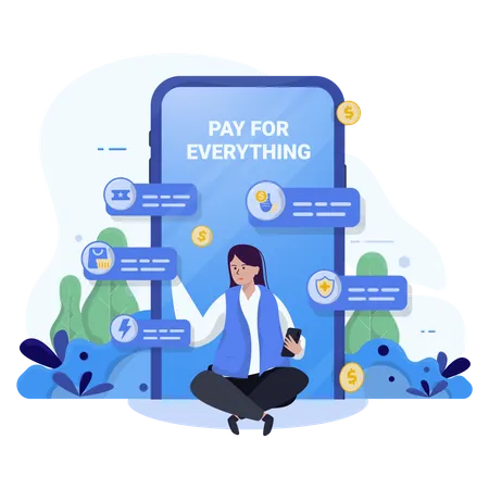 Illustration Of A Woman Using A Mobile Financial Application With Easy Payment Or Shop For Everything Concept Illustration