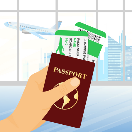 Billete de avión con pasaporte.  Ilustración