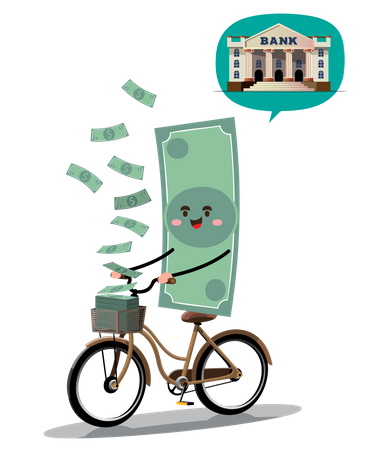 Nota de dinero andar en bicicleta hacia el banco  Ilustración