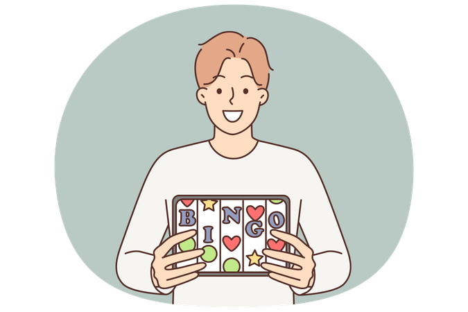 オンラインカジノを訪問することを提案する男性の電子タブレットのビンゴアプリケーション  イラスト