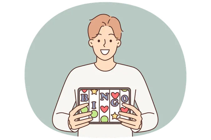 オンラインカジノを訪問することを提案する男性の電子タブレットのビンゴアプリケーション  イラスト