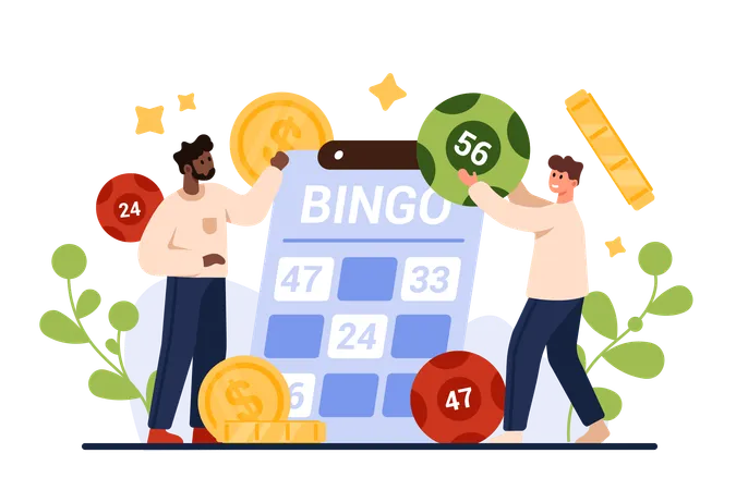 Bingo And Lotto Game Gambling And Leisure Casino Business Tiny People Play Lottery On Ticket Card For Gold Coins Prize Happy Character Holding Lucky Ball With Number Cartoon Vector Illustration Illustration