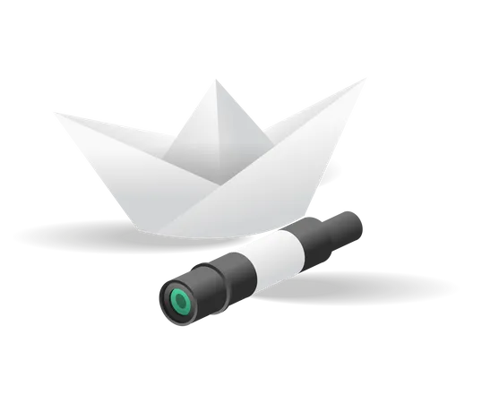 Binoculars and paper boat  Illustration