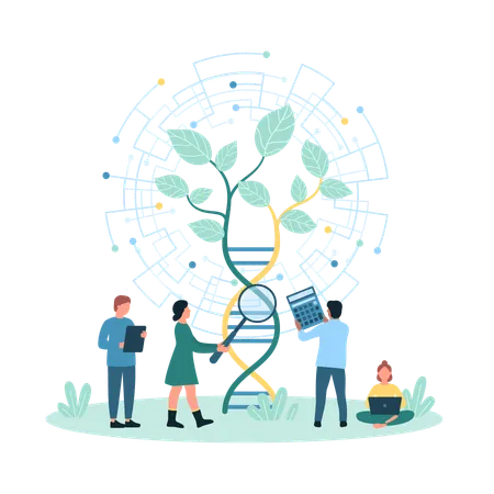 Biotechnology Genetic Research Vector Illustration Cartoon Tiny People Engineers With Magnifying Glass Study Genes Of Plant Sample Growing From DNA In Lab Experiment In Digital Biotech Laboratory Illustration
