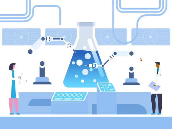 Biochemical Experiment Flat Vector Illustration Doctors Chemists In White Coats Cartoon Characters Scientists Studying Chemical Reaction Genetic Engineering Futuristic Science Scientific Test Illustration