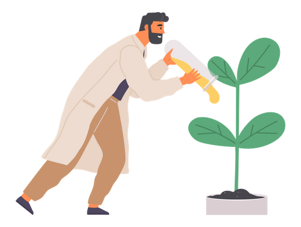 Biologist conducting experiment with plant in test tube Illustration