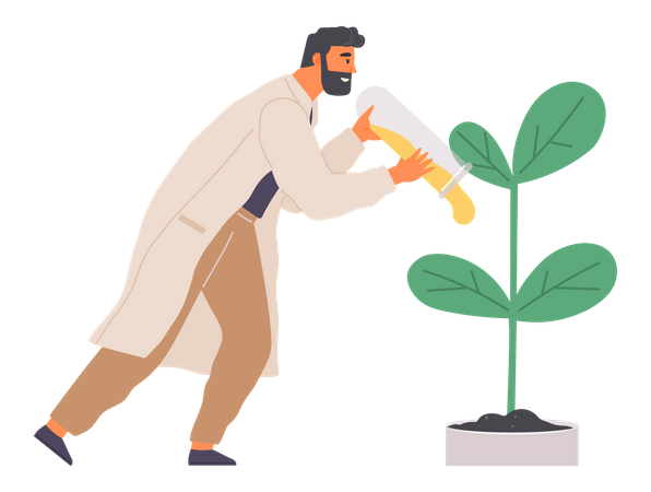 Biologist conducting experiment with plant in test tube  Illustration