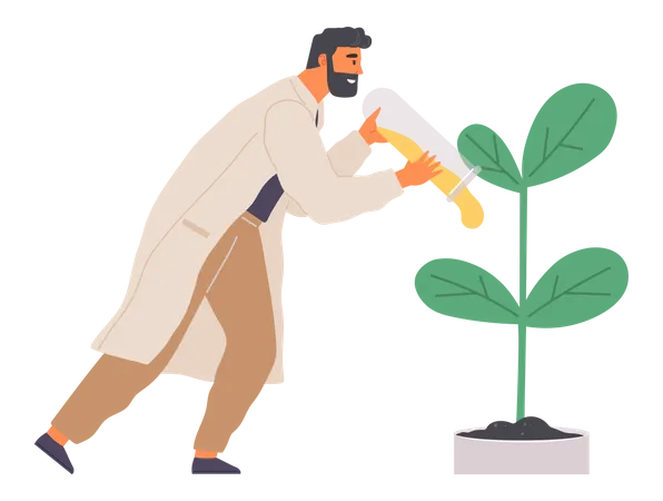 Biologist conducting experiment with plant in test tube  Illustration