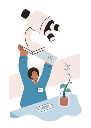 Biologist examining green plant in lab  Illustration