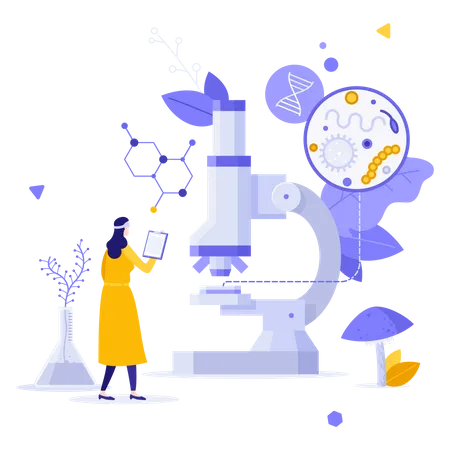 Scientist Or Biologist Looking At Microscope Surrounded By Molecular Structures And Bacteria Concept Of Biology Microscopy Research Biochemistry Laboratory Modern Vector Illustration For Poster イラスト