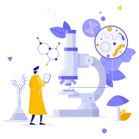 Scientist Or Biologist Looking At Microscope Surrounded By Molecular Structures And Bacteria Concept Of Biology Microscopy Research Biochemistry Laboratory Modern Vector Illustration For Poster Illustration