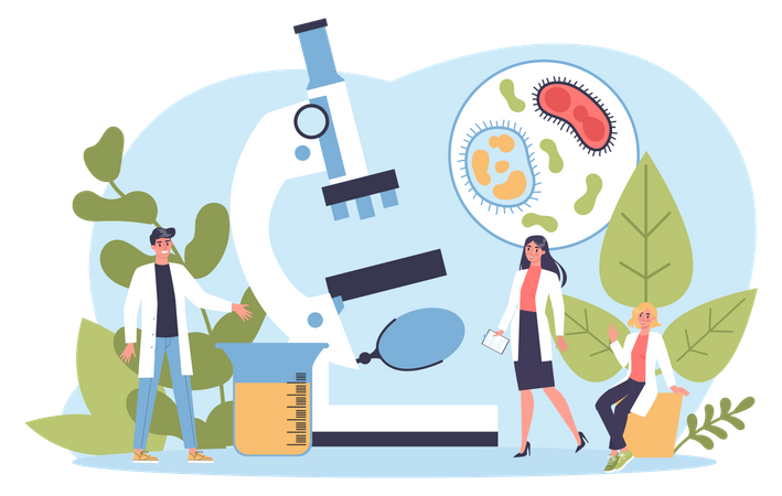 Biologist studies plant cell with microscope  Illustration