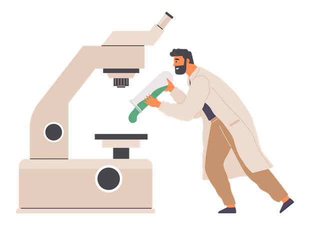 Biologist studies plant cell with microscope  Illustration