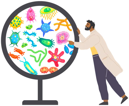 Cientista Faz Analises Laboratoriais Do Sistema De Vida E Dos Organismos Ideia De Educacao Microbiologia Ciencia O Biologo Estuda Microorganismos Sob Ampliacao Pesquisa Biologica Com Unicelulares Ilustração