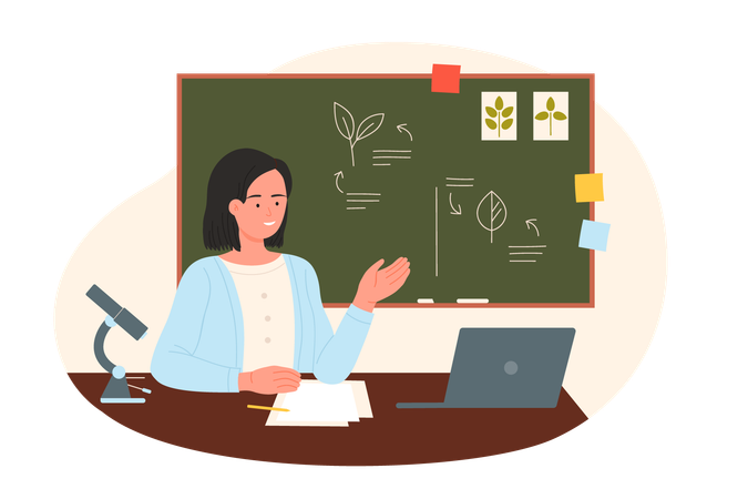 Biology teacher sitting at table with microscope and laptop at school green board  Illustration