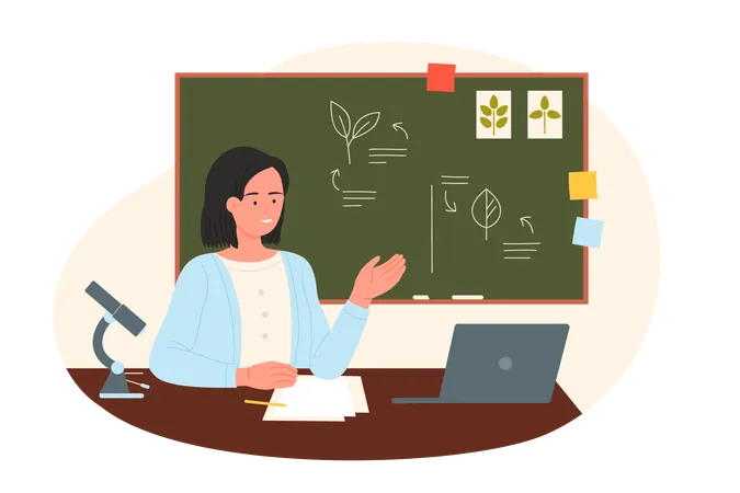 Biology Teacher Sitting At Table With Microscope And Laptop At School Green Board Vector Illustration Cartoon Young Woman Explaining Study Material To Students Plant Leaf Drawn On Chalkboard Illustration