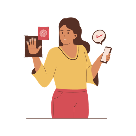 Biometric hand scanner technology used by businesswoman  Illustration