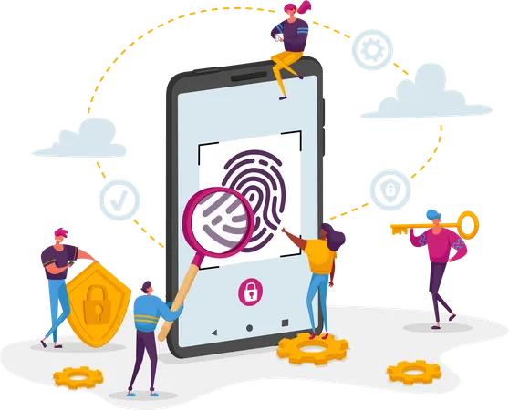 Cyber Security Futuristic Technologies Concept Fingerprint Scanning Smartphone Access Lock Tiny Characters Around Huge Mobile Phone With Finger Scan Biometric Id Cartoon People Vector Illustration Illustration