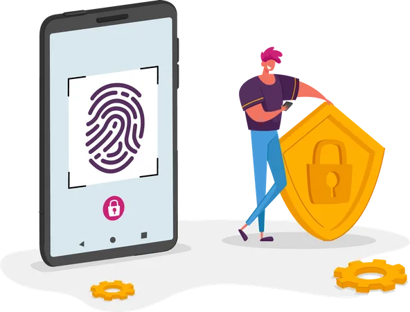 Cyber Security Concept Man Character Stand At Huge Mobile Phone Holding Shield With Lock Symbol In Hands Touch Screen For Finger Scan Biometric ID Fingerprint Scanning Cartoon Vector Illustration Illustration