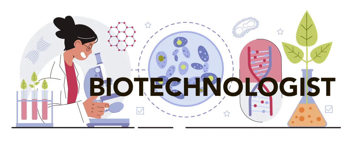 Biotechnologist Typographic Header Cellular And Biomolecular Processes Research For Medicine Development Therapeutic Or Commercial Animal Cloning Innovation Flat Vector Illustration Illustration