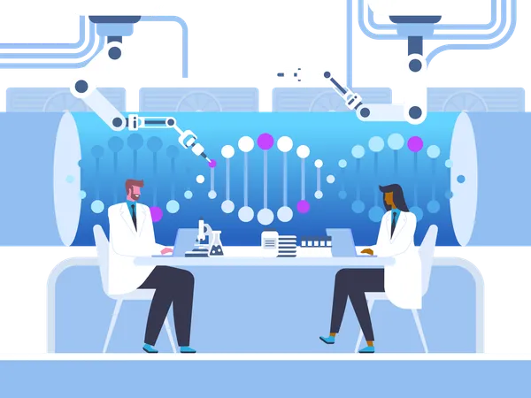 Biotechnology Laboratory Flat Vector Illustration Male And Female Doctors Scientists Cartoon Characters Futuristic Medicine Genetic Engineering Microbiology Human Genome Test Gene Technology Illustration