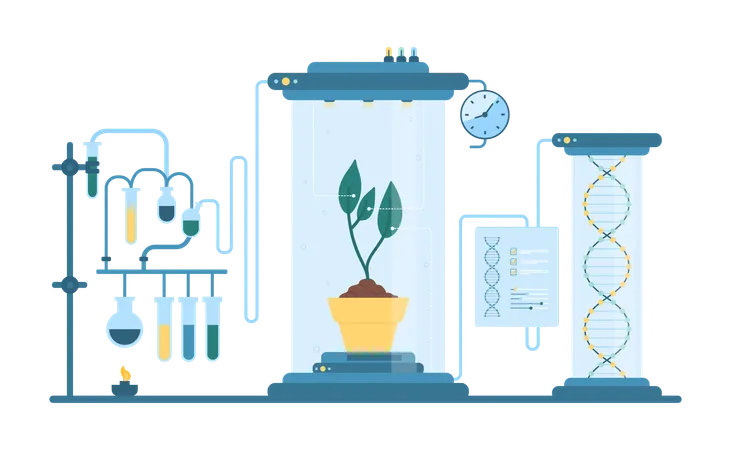 Biotechnology Laboratory Research Vector Illustration Cartoon Isolated Lab Equipment System For Science Experiment Futuristic Plant Cultivation And Breeding Of Green Sprouts In Pot And Test Tubes Illustration