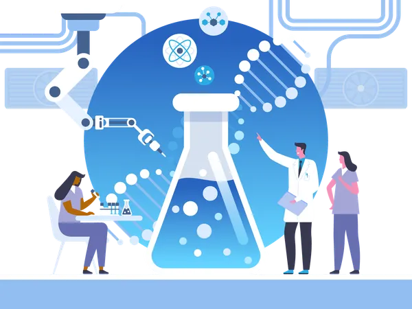 Biotechnology Lab Study Flat Vector Illustration Scientist In White Coat And Assistants Cartoon Characters Futuristic Biochemistry Laboratory Experiment Genetic Engineering Scientific Innovation Illustration