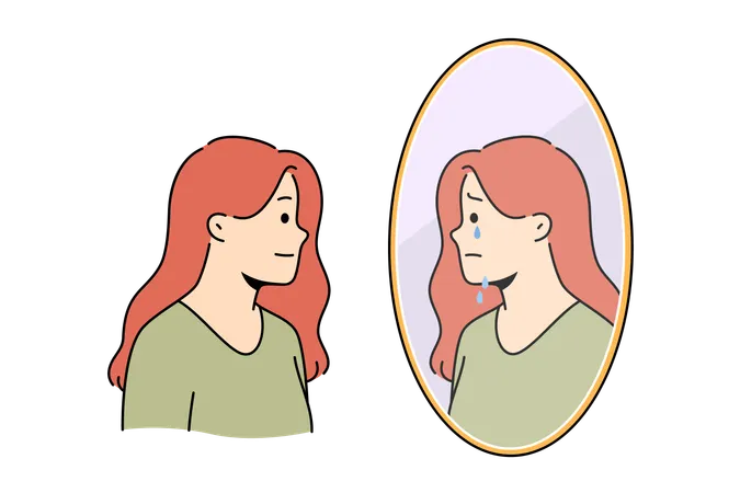 Bipolar disorder in woman smiling but feeling suffering in soul and looking in mirror  Illustration