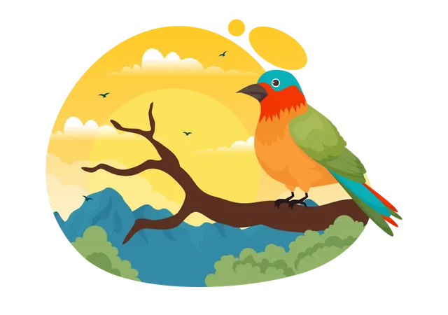 Bird Animal Vector Illustration With Birds On Tree Roots And Sky As Background In Flat Cartoon Style Design Template イラスト