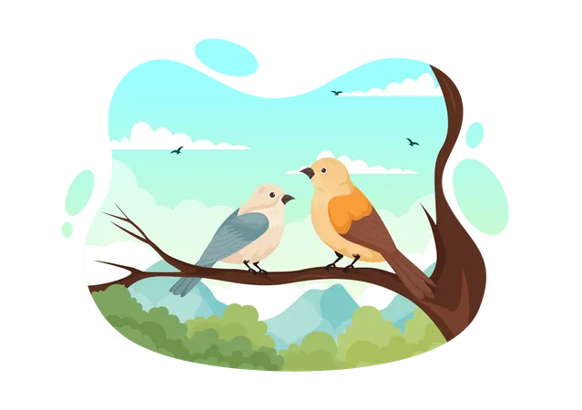 Bird Animal Vector Illustration With Birds On Tree Roots And Sky As Background In Flat Cartoon Style Design Template 일러스트레이션