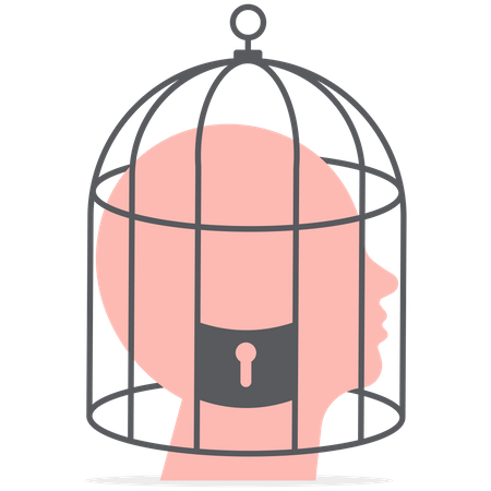 Bird cage lock over depressed fearful human brain  Illustration