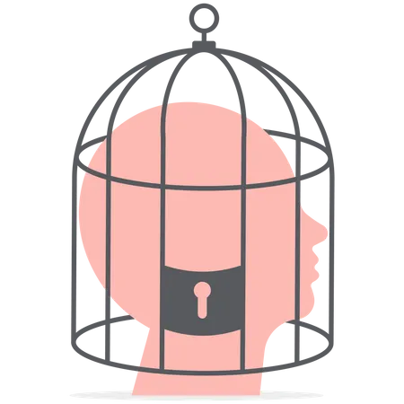 Bird cage lock over depressed fearful human brain  イラスト