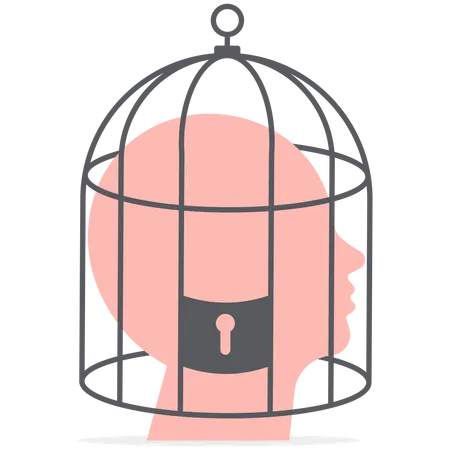 Bird cage lock over depressed fearful human brain  Illustration