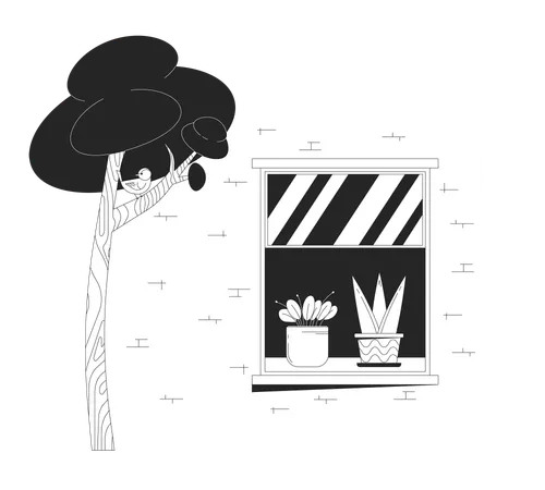 Bird On Tree Near Open Window Building Black And White Cartoon Flat Illustration House Exterior On Summer Day 2 D Lineart Objects Isolated Simple Lifestyle Monochrome Scene Vector Outline Image 일러스트레이션