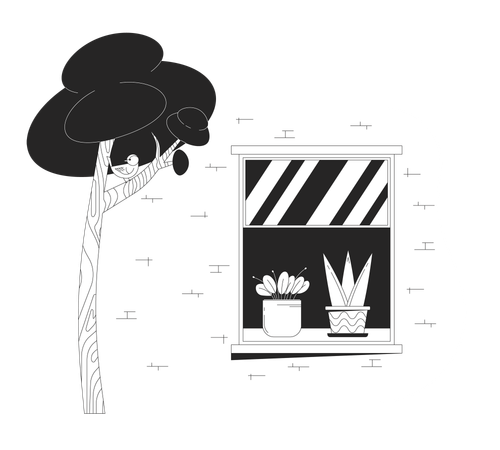 Bird on tree near open window building  Illustration