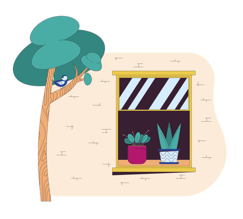 Bird on tree near open window building  Illustration