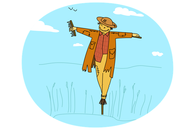 Bird scarer in old clothes stand in field  Illustration