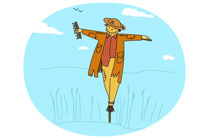 Bird scarer in old clothes stand in field  Illustration