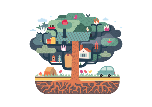 Birds on tree house  Illustration