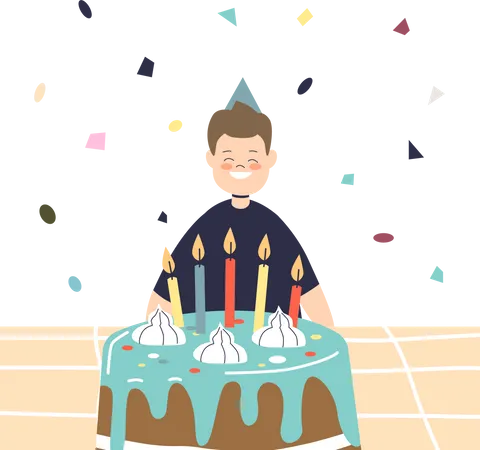 Happy Birthday Boy Sitting In Front Of Festive Cake With Candles Cheerful Smiling Wearing Celebration Cone Hat Kid Holding Party Concept Cartoon Flat Vector Illustration Illustration