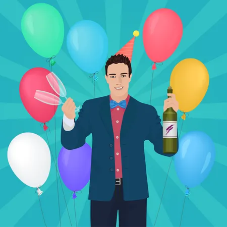 Birthday boy holding champagne bottle Illustration