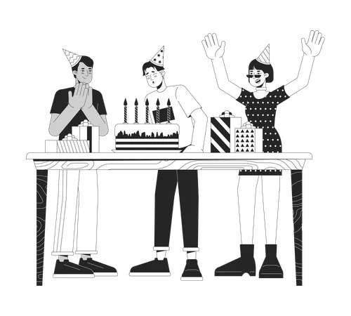 Birthday Boy With Friends Black And White 2 D Line Cartoon Characters Asian Man Making Wish With Party Guests Isolated Vector Outline People Holiday Celebration Monochromatic Flat Spot Illustration Illustration