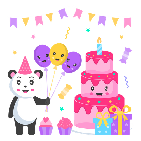 Birthday Cake and Panda with balloon  Illustration