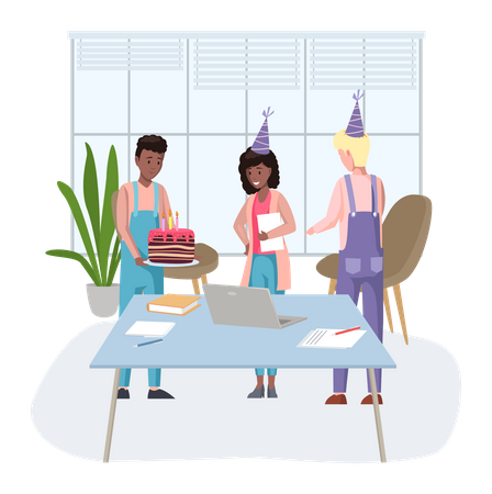 Birthday cake cutting at office  Illustration